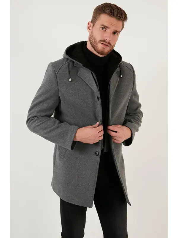 Removable Hooded Mottled Slim Fit Cashmere Coat 5841013-Gray - 2