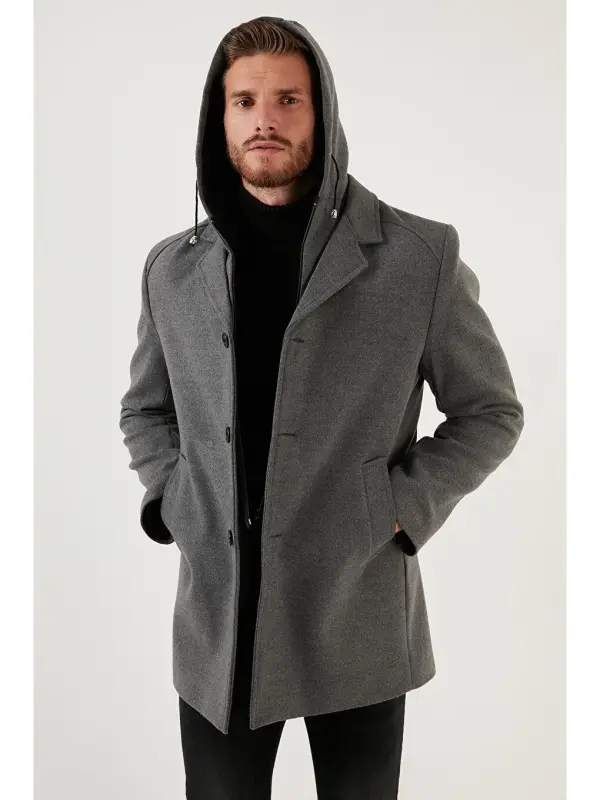 Removable Hooded Mottled Slim Fit Cashmere Coat 5841013-Gray - 4