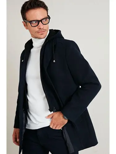 Removable Hooded Mottled Slim Fit Cashmere Coat 5841013-Navy Blue - 1