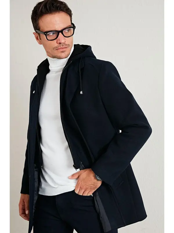 Removable Hooded Mottled Slim Fit Cashmere Coat 5841013-Navy Blue - 1