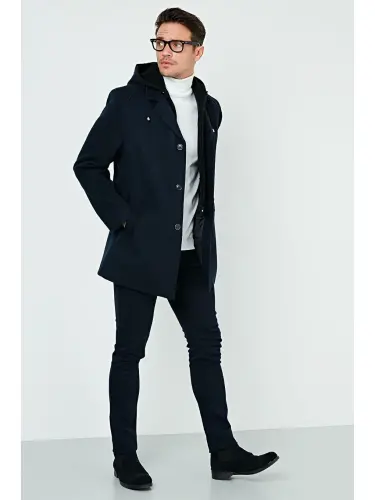 Removable Hooded Mottled Slim Fit Cashmere Coat 5841013-Navy Blue - 4