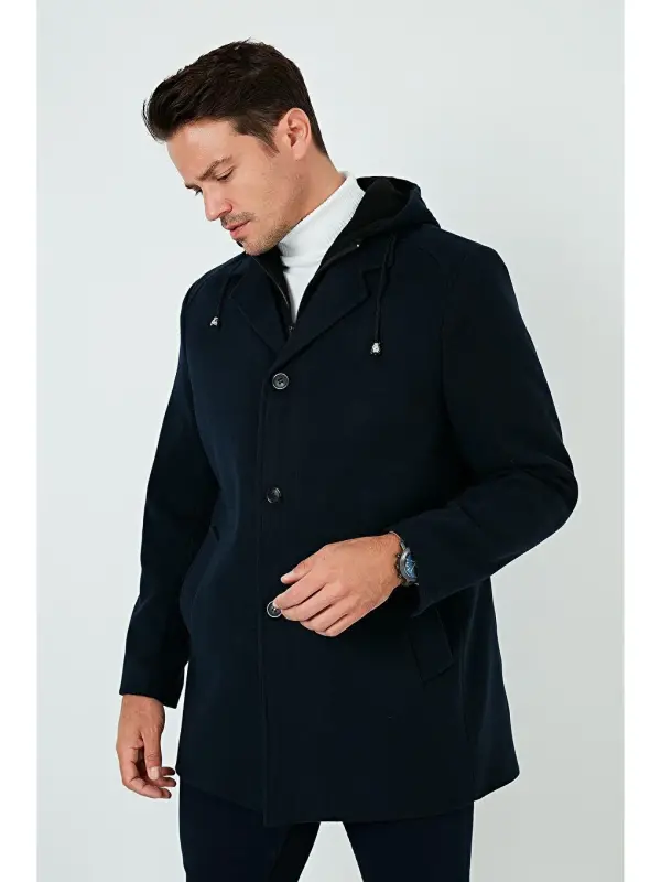 Removable Hooded Mottled Slim Fit Cashmere Coat 5841013-Navy Blue - 3