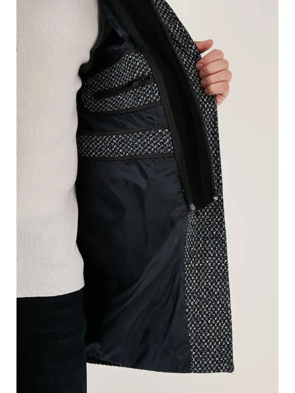 Removable Hooded Mottled Slim Fit Cashmere Coat 5841013-Navy Blue - 5