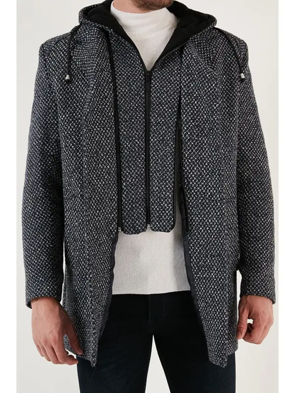 Removable Hooded Mottled Slim Fit Cashmere Coat 5841013-Navy Blue - 6