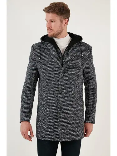 Removable Hooded Mottled Slim Fit Cashmere Coat 5841013-Navy Blue - 4