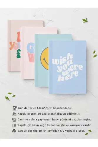Rengarenk Çizgisiz Defter Seti - 4 Adet - 14cm*20cm - 64 Sayfa-Pastel - POSTIFULL (1)