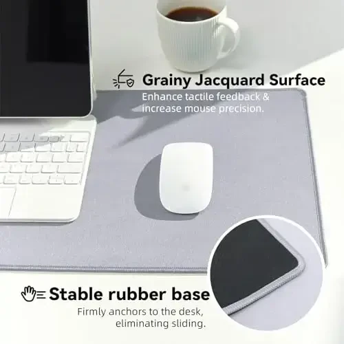 Reniteco chidamli tikilgan qirralari, sirpanmaydigan kauchuk tagligi, uy ofisi o'yinlari uchun donli jakkard sichqoncha gilamchasi, 35,4''x15,7''x0,12'', mat och kulrang o'lchamli suv o'tkazmaydigan o'yin sichqonchasi paneli - 4