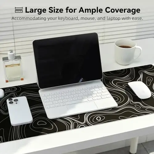 Reniteco Waterproof Large Gaming Mouse Pad with Durable Stitched Edges, Non-Slip Rubber Base, Grainy Jacquard Mouse Mat Desk Pad for Home Office Gaming, 31.5''x11.8''x0.12'', Topographic Map White - 6