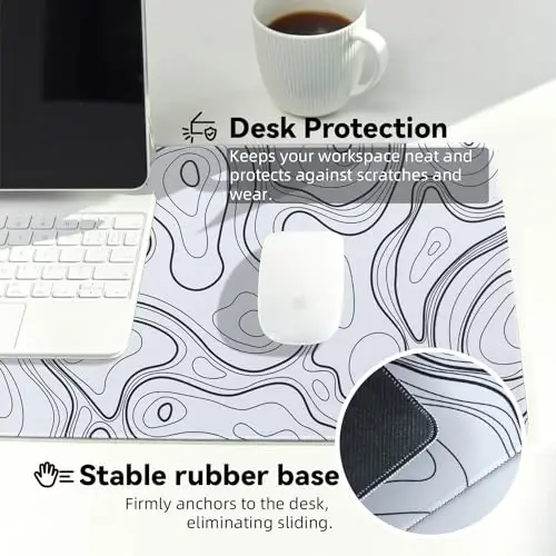 Reniteco Waterproof Large Gaming Mouse Pad with Durable Stitched Edges, Non-Slip Rubber Base, Grainy Jacquard Mouse Mat Desk Pad for Home Office Gaming, 31.5''x11.8''x0.12'', Topographic Map White - 5