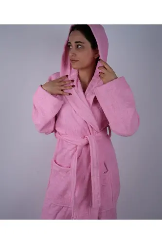 Renkli %100 Pamuk Bukle Kapüşonlu Model Bornoz (S-M-L-XL-2XL-3XL-4XL) Büyük ve Battal Beden - Pembe 