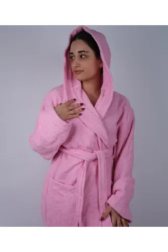 Renkli %100 Pamuk Bukle Kapüşonlu Model Bornoz (S-M-L-XL-2XL-3XL-4XL) Büyük ve Battal Beden - Pembe - DC TEKS (1)