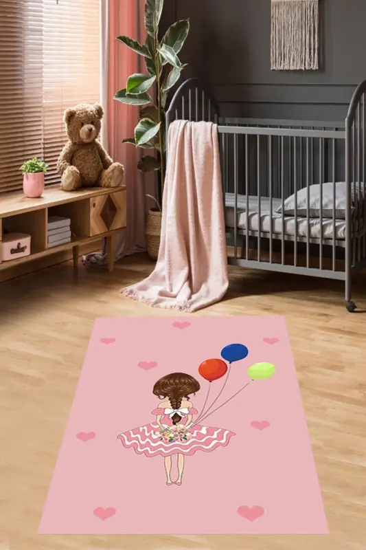 Renkli Balonlu Kız Kalp Desenli Dijital Baskı Yıkanabilir Kaymaz Taban Genç Kız Çocuk Odası Halısı-Koyu Pembe - PELANGI