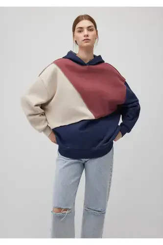 Color Block Kapüşonlu Sweatshirt 1S10170-70399 - MAVI (1)