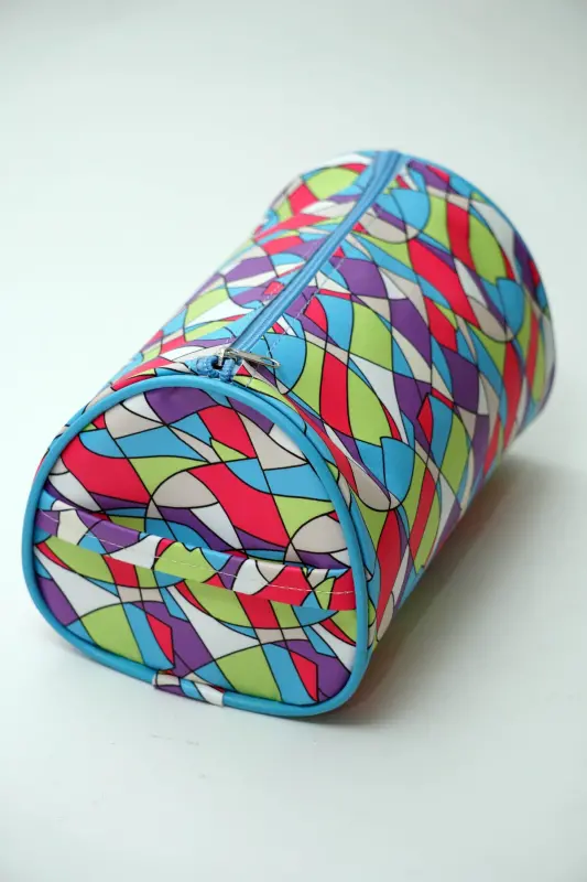 Renkli Desenli Silindir Şık, Kullanışlı ve Dayanıklı Tasarım Kozmetik Çantası-Mor - 3