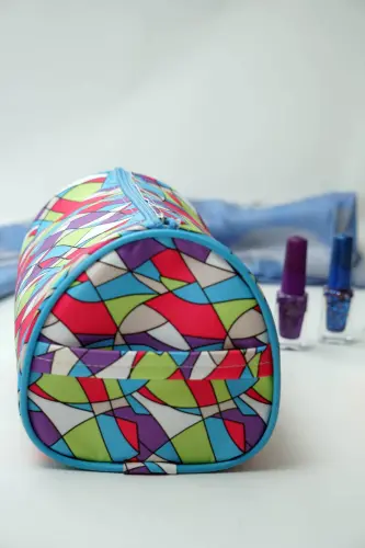 Renkli Desenli Silindir Şık, Kullanışlı ve Dayanıklı Tasarım Kozmetik Çantası-Mor - 4