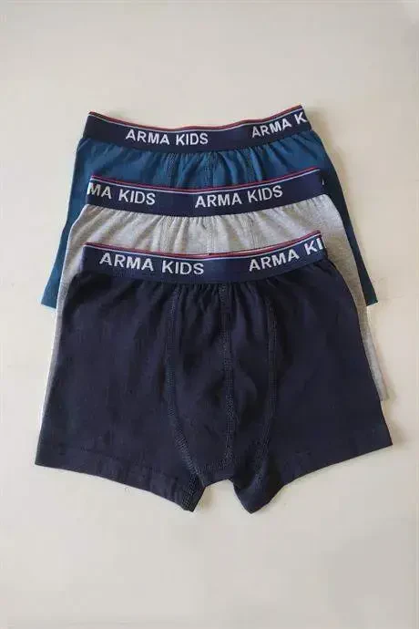 Renkli Erkek Çocuk Düz Boxer 3'lü Paket Pamuklu Likralı - 1
