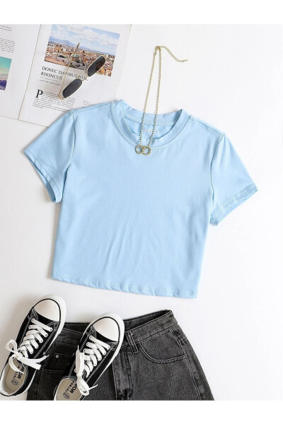 Renkli Oversize Crop Tshirt-AÇIK MAVİ 