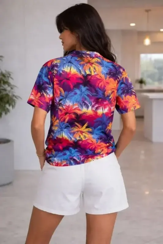 Renkli Tropikal Palmiye Desenli Kısa Kol Gömlek Şort Takım Yazlık Rahat Kalıp - Desenli - 3
