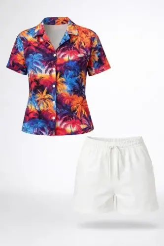 Renkli Tropikal Palmiye Desenli Kısa Kol Gömlek Şort Takım Yazlık Rahat Kalıp - Desenli - BÜYÜKBEDENIZ (1)
