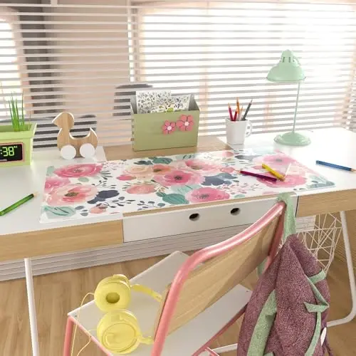 Colorful Star Large Mouse Pad, Pink Floral Desk Mat for Desktop, Women Girls Flowers PU Leather Waterproof Desk Pad, Computer PC Laptop Protector Gaming Mouse Pads for School Office Home 31.5