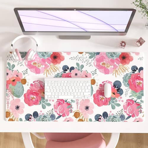 Colorful Star Large Mouse Pad, Pink Floral Desk Mat for Desktop, Women Girls Flowers PU Leather Waterproof Desk Pad, Computer PC Laptop Protector Gaming Mouse Pads for School Office Home 31.5
