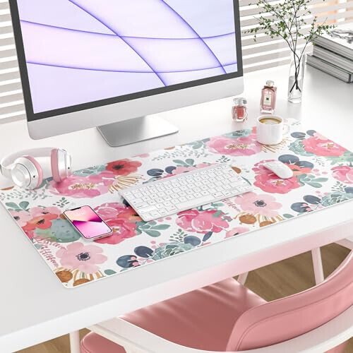Colorful Star Large Mouse Pad, Pink Floral Desk Mat for Desktop, Women Girls Flowers PU Leather Waterproof Desk Pad, Computer PC Laptop Protector Gaming Mouse Pads for School Office Home 31.5