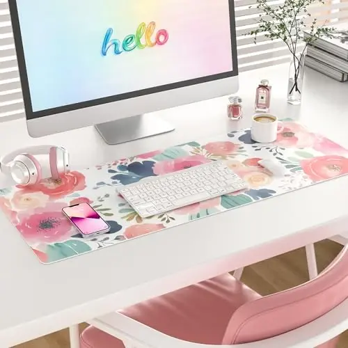 Colorful Star Large Mouse Pad, Pink Floral Desk Mat for Desktop, Women Girls PU Leather Waterproof Gaming Mousepad, Computer PC Laptop Protector Flowers Desk Pads for School Office Home 31.5