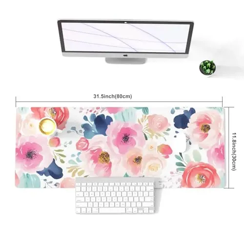 Colorful Star Large Mouse Pad, Pink Floral Desk Mat for Desktop, Women Girls PU Leather Waterproof Gaming Mousepad, Computer PC Laptop Protector Flowers Desk Pads for School Office Home 31.5