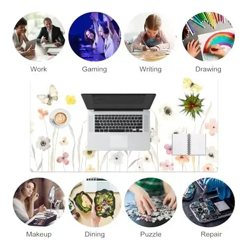 Colorful Star Large Mouse Pad, Watercolor Floral Desk Mat Office Supplies, Waterproof PU Leather Gaming Mousepad for Women Girls, Butterflies Desk Pad Home Office Décor Accessories 31.5