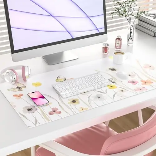 Colorful Star Large Mouse Pad, Watercolor Floral Desk Mat Office Supplies, Waterproof PU Leather Gaming Mousepad for Women Girls, Butterflies Desk Pad Home Office Décor Accessories 31.5