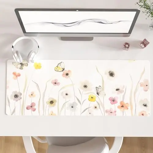 Colorful Star Large Mouse Pad, Watercolor Floral Desk Mat Office Supplies, Waterproof PU Leather Gaming Mousepad for Women Girls, Butterflies Desk Pad Home Office Décor Accessories 31.5