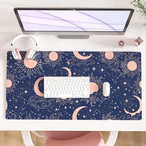 Colorful Star Starry Sky Large Mouse Pad, Celestial Moon and Sun Extended Gaming Mouse Pad Non-Slip Desk Mat, Leather Blue Keyboard Mat for Desktop Gaming Mousepad Accessories 31.5