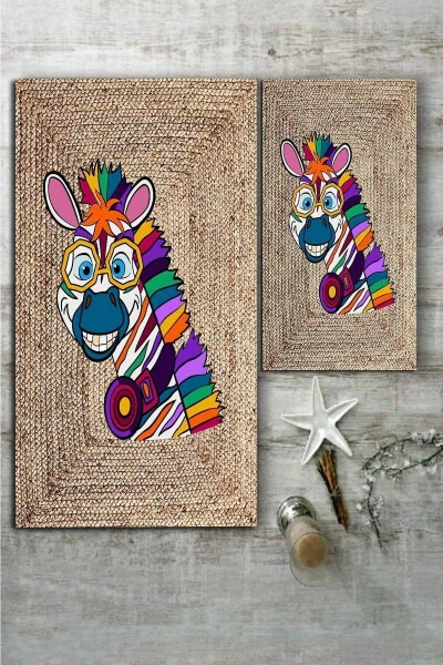 Mısırlı Halı Renkli Zebra Desenli Jüt 2'li Halı Takımı (60X100/40X60) - Esta1266 - 2