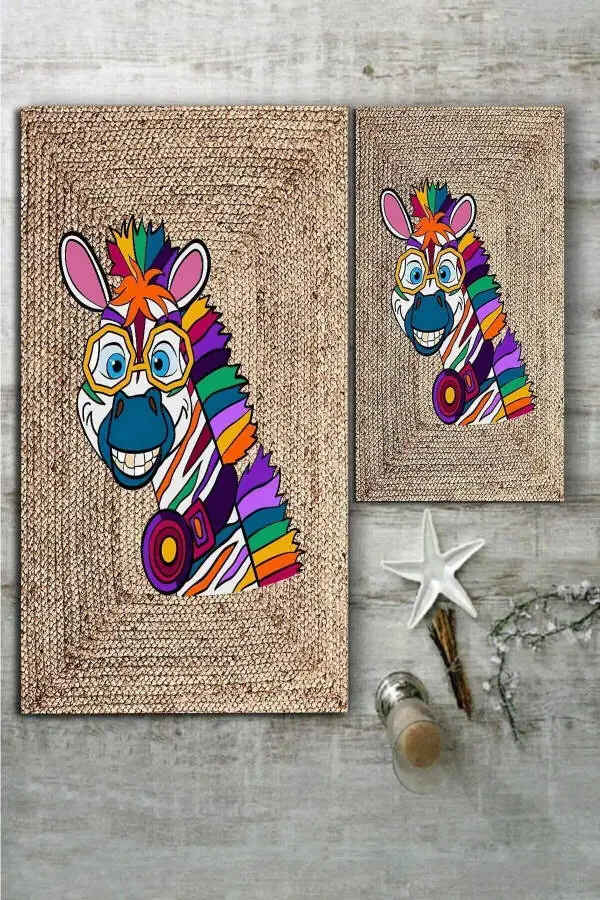Mısırlı Halı Renkli Zebra Desenli Jüt 2'li Halı Takımı (60X100/40X60) - Esta1266 - 2