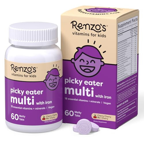 Renzo'nun Seçici Yiyen Çocuklar Çoklu Vitamini Demir İle - D3 ve K2 Vitamini ve Daha Fazlası İçeren Eriyen Çocuk Vitaminleri - 60 Şekersiz Eriyen Tablet, Kiraz Kiraz Mo' Kiraz Aromalı - 1