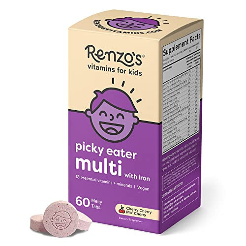 Renzo's Picky Eater Kids Multivitamin with Iron - Dissolving Kids Vitamins with Vitamin D3 & K2 and More - 60 Sugar-Free Melty Tabs, Cherry Cherry Mo' Cherry Flavored - 7