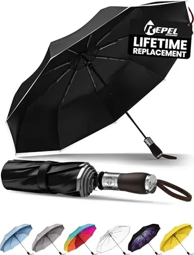 Windproof Travel Umbrella - Compact & Withstands Winds up to 100MPH, Strongest Premium Auto Folding Umbrella for Rain and Sun - Durable, Light & Portable for Women & Men, Fits Backpack & Cars 