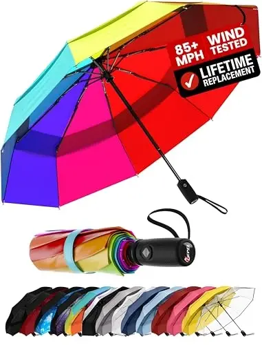 Windproof Travel Umbrella - Compact & Withstands Winds up to 100MPH, Strongest Premium Auto Folding Umbrella for Rain and Sun - Durable, Light & Portable for Women & Men, Fits Backpack & Cars 
