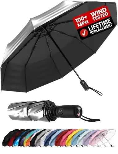 Windproof Travel Umbrella - Compact & Withstands Winds up to 100MPH, Strongest Premium Auto Folding Umbrella for Rain and Sun - Durable, Light & Portable for Women & Men, Fits Backpack & Cars 