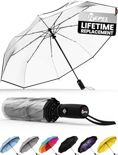 REPEL Windproof Travel Umbrella - Compact & Withstands Winds up to 85MPH , Strongest Premium Auto Folding Umbrella for Rain and Sun - Durable, Light & Portable for Women & Men , Fits Backpack & Cars - 1