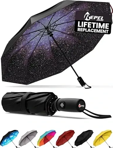 REPEL Windproof Travel Umbrella - Compact & Withstands Winds up to 85MPH , Strongest Premium Auto Folding Umbrella for Rain and Sun - Durable, Light & Portable for Women & Men , Fits Backpack & Cars - 1
