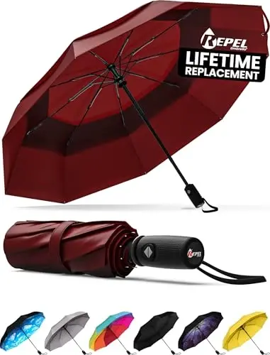 REPEL Windproof Travel Umbrella - Compact & Withstands Winds up to 85MPH , Strongest Premium Auto Folding Umbrella for Rain and Sun - Durable, Light & Portable for Women & Men , Fits Backpack & Cars - 1