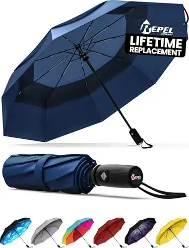 REPEL Windproof Travel Umbrella - Compact & Withstands Winds up to 85MPH , Strongest Premium Auto Folding Umbrella for Rain and Sun - Durable, Light & Portable for Women & Men , Fits Backpack & Cars - 5