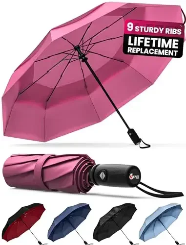 REPEL Windproof Travel Umbrella - Compact & Withstands Winds up to 85MPH , Strongest Premium Auto Folding Umbrella for Rain and Sun - Durable, Light & Portable for Women & Men , Fits Backpack & Cars - 2