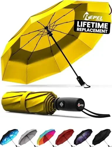 REPEL Windproof Travel Umbrella - Compact & Withstands Winds up to 85MPH, Strongest Premium Auto Folding Umbrella for Rain and Sun - Durable, Light & Portable for Women & Men, Fits Backpack & Cars 
