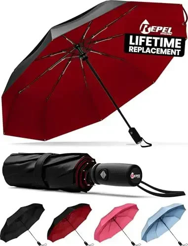 REPEL Windproof Travel Umbrella - Compact & Withstands Winds up to 85MPH , Strongest Premium Auto Folding Umbrella for Rain and Sun - Durable, Light & Portable for Women & Men , Fits Backpack & Cars - 5