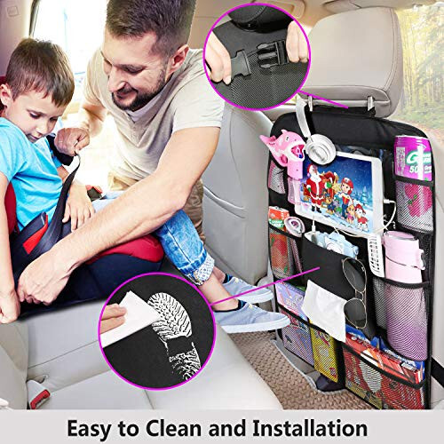 Reserwa Car Back Seat Organizer Foldable Car Storage Organizer Car Seat Back Protectors with Hole for USB/Headphone/Charging Kick Mats Back Seat Protector with Touch Screen Tablet Holder Tissue Box - 5