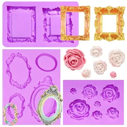 Picture Frame Chocolate Molds, Baroque Vintage Mirror Frame Fondant Molds, Photo Frame Rose Silicone Baking Molds for Cake Decoration Sugar Gum Paste Candy Cookies Resin Clay Set of 3 - 1