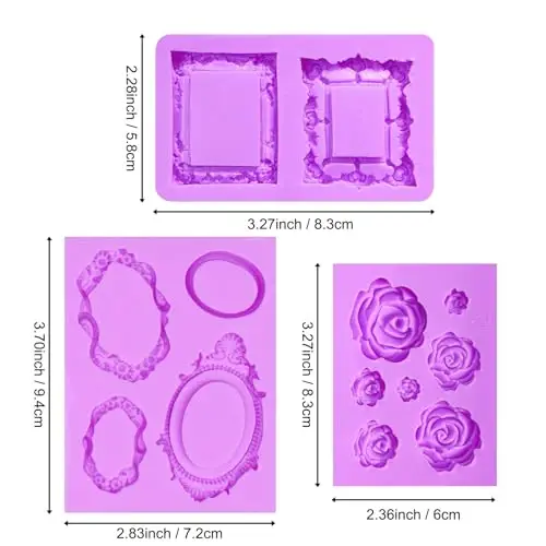 Picture Frame Chocolate Molds, Baroque Vintage Mirror Frame Fondant Molds, Photo Frame Rose Silicone Baking Molds for Cake Decoration Sugar Gum Paste Candy Cookies Resin Clay Set of 3 - 2