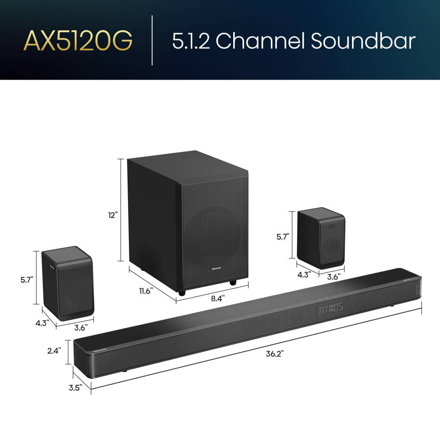 Restored Hisense AX Series 5.1.2 Ch 420W Soundbar with Wireless Subwoofer, Wireless Rear Speakers, and Dolby Atmos (AX5120G, 2023 Model) (Refurbished) - 2